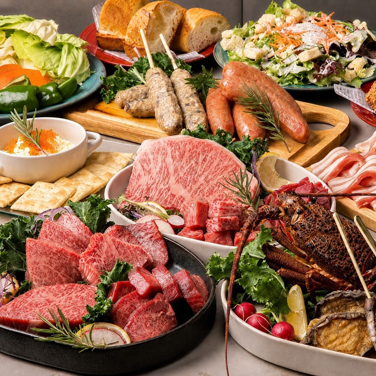 ◎プレミアム厳選肉BBQ『"国産A5ランク"黒毛和牛厳選部位4種盛り合わせ・牛タン入りつくね串・三元豚カルビ』etc… 全12品 6,000円