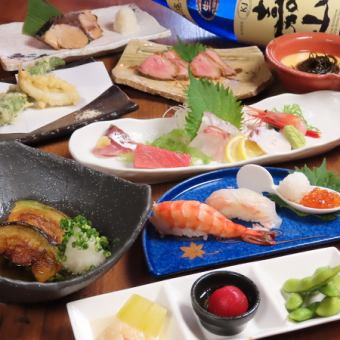 【時令拼盤套餐】生魚片5片、正宗握壽司等8道菜、2小時無限暢飲5,500日元