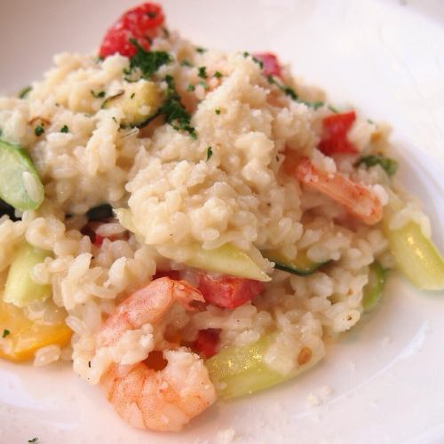 Japanese-style cream risotto with small shrimp and colorful vegetables