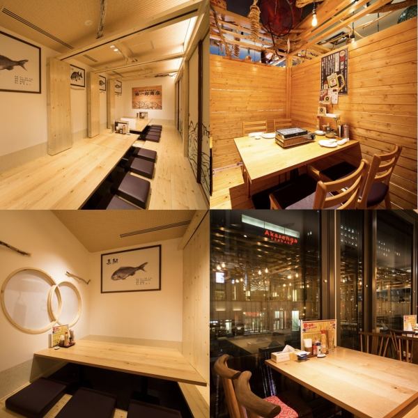 The atmosphere is that of a bar in a fishing town in the countryside. The restaurant has table seating, sunken kotatsu seating, and private rooms, giving you a sense of openness and relaxation!