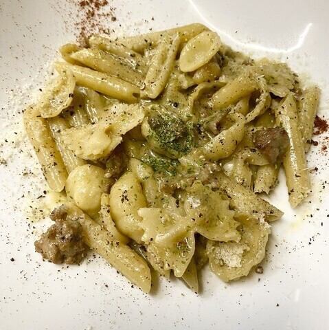 Genovese short pasta with chunky ground beef and potatoes.