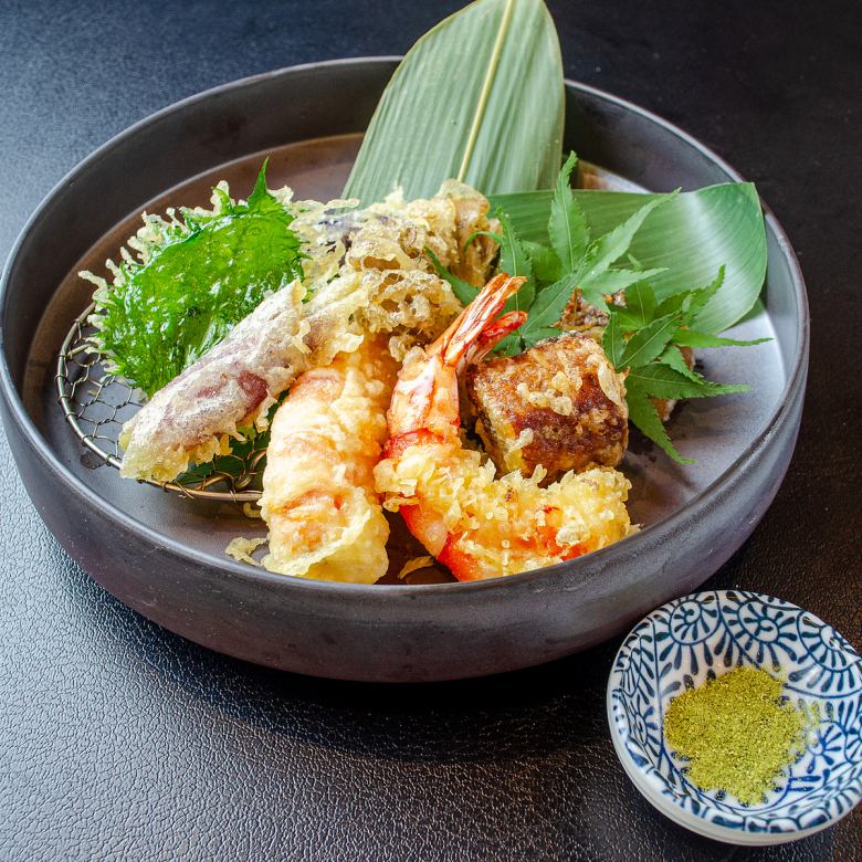 Assorted seasonal vegetables and shrimp tempura