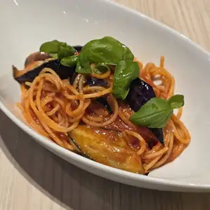 Eggplant and basil pasta in tomato sauce