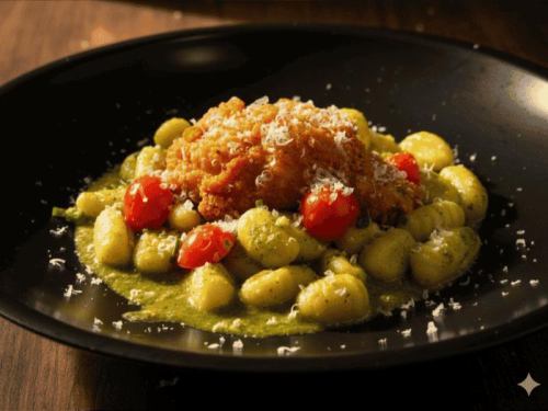 Basil-scented cheese gnocchi with juicy fried chicken