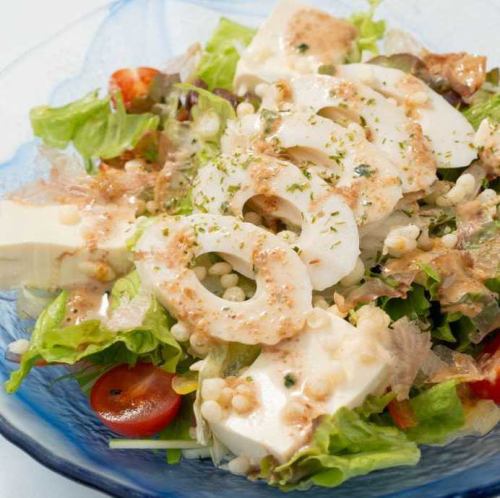 ネバネバ納豆梅サラダ/生ハムとモッツァレラのイタリアンサラダ/豆腐ちくわの和風ごまだれサラダ