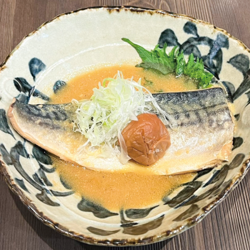 Mackerel simmered in miso with plum sauce