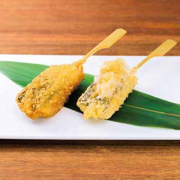 Assorted Mackerel Kushikatsu Skewers - Naniwa Sauce and Daikon Daikon Ponzu