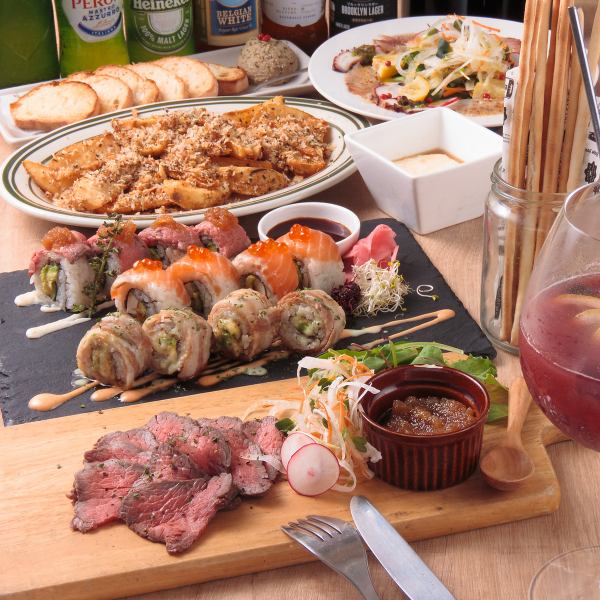 2.5時間飲み放題付の宴会コースは、鮮やかなロール寿司をメインにし、バルつまみも充実なお得なコースです