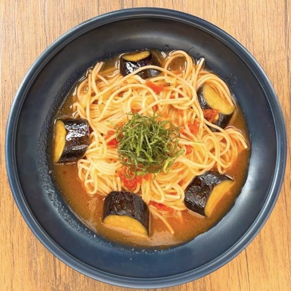 Tomato sauce pasta with Nakijin eggplant and sakura shrimp