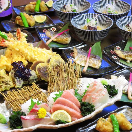 [Tsuki no Utage Course] Fried monkfish/Sashimi platter/Spanish mackerel saikyoyaki/Tempura/Soba noodles, 7 dishes in total + 2 hours all-you-can-drink, 4,400 yen (tax included)