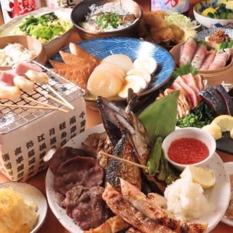 豪華炭火焼盛り合わせから自慢の七輪焼まで充実のお料理10品＋120分飲み放題付5000円（税込み）