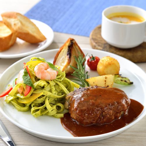 ハンバーグと日替わりパスタの満足プレート