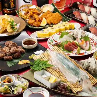 夏宴会【祇園(ぎおん)】活イカや造り3種、中落カルビや鰻出汁巻、寿司3貫等《120分飲み放題付》