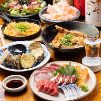お酒好き必見☆日本酒5種を含んだ3時間飲み放題付コース！出汁の効いたおでんやお刺身など全8品!