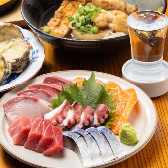 約30種類のドリンクが飲める2時間飲み放題付コース♪お刺身盛り合わせに鉄玉焼など全7品！