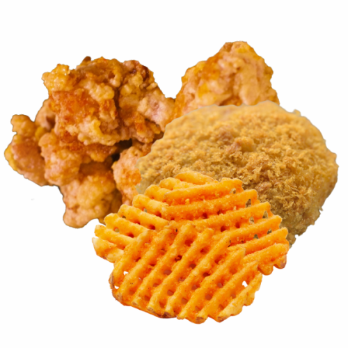 Assorted fried foods (fried chicken, potatoes, minced meat cutlet) Yangnyeom chicken/Bamboo shoots with homemade sauce