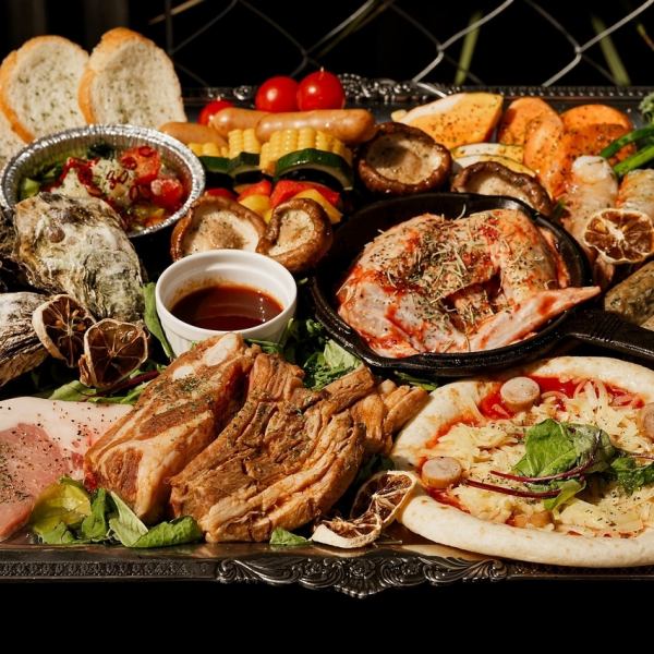 B ：季節限定！肉と海鮮のBBQコース 2時間飲み放題 5500円(税込)