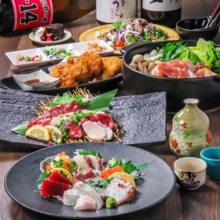 180 minutes of all-you-can-drink and sake included! Course includes 7 types of sashimi, horse sashimi, mizutaki and dessert for 6,600 yen (tax included)