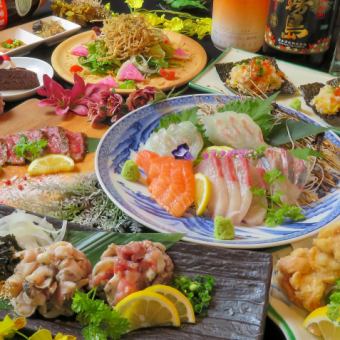 【黒かしわ定番】120分飲み放題付刺身4点盛,地鶏ももの炭火焼き含むコース4500円(税込)