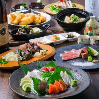 【12月～18時の部】120分飲み放題付刺身5種盛,地鶏ももの炭火焼き含むコース5500円(税込)