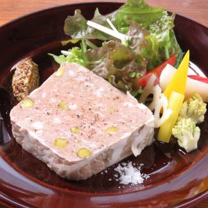 Homemade pate de campagne (with pickles and salad)