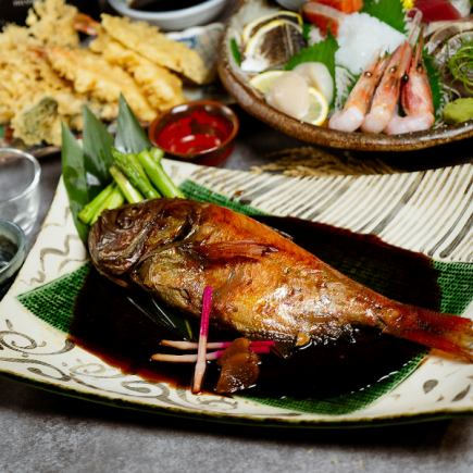 【含3小時無限暢飲】千葉縣銫子產整條煮金眼鯛的8道菜套餐 7,980日元 → 6,980日元