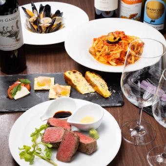 【当店人気No.1】ヘルシーな肉厚ステーキや白ワイン蒸し、パスタ等★全7品＋２H飲み放題付