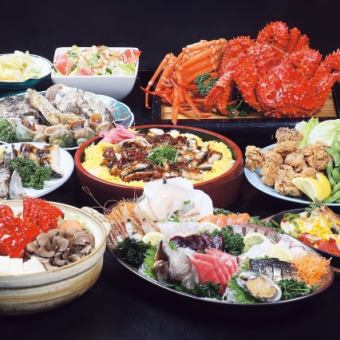 120 minutes of all-you-can-drink draft beer and local sake included. 10 luxurious dishes including Hanasaki crab, snow crab, scallops, oysters, etc. 6,800 yen