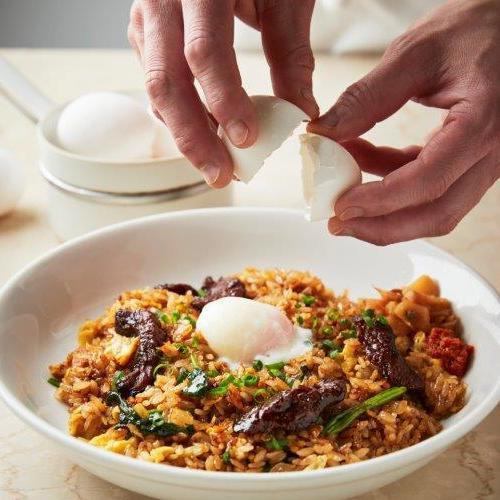 Rich fried rice with beef skirt steak and soft-boiled egg