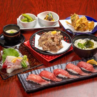 One dish per person / Sunday to Thursday welcome/farewell party / 5 pieces of Miyazaki beef nigiri sushi and 4 kinds of Hyuga-Nada dishes & fried chicken + draft beer 2 hours all-you-can-drink 4000 yen