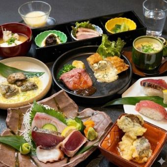 安心の一人一皿歓送迎会!日向灘4点盛と地鶏炭火焼・宮崎牛ステーキ+生ビール付2H飲放5,000円