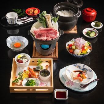 Lunch only [Mini kaiseki small bowl meal] 8 dishes including Kobe beef sukiyaki and Tamba Koshihikari kettle cooking for 4,900 yen