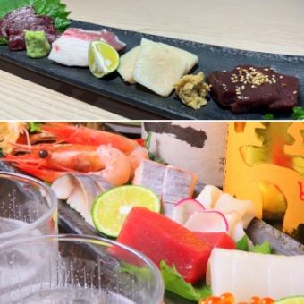 10道菜6,000日圓套餐附生魚片拼盤和馬肉生魚片拼盤