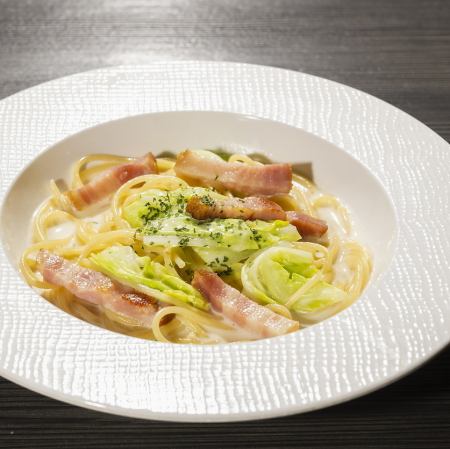 Spring cabbage and bacon yuzu cream pasta