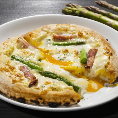 Asparagus bacon warm egg quiche-style pizza