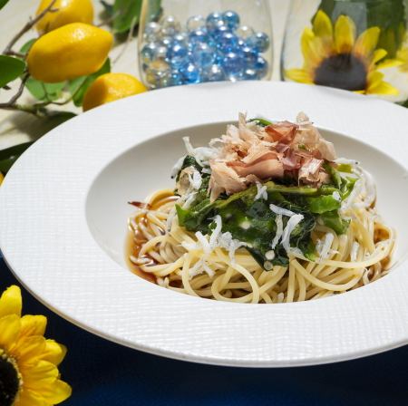 涼夏♪オクラとモロヘイヤのネバトロ和だしパスタ
