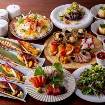 お造り、原始焼き2種や蟹の蒸し寿司,飲み放題付　7000円(税込)コース