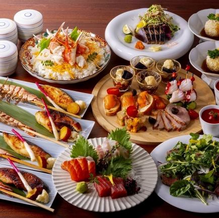 お造り、原始焼き2種や蟹の蒸し寿司,飲み放題付　7000円(税込)コース
