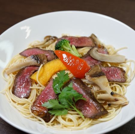 峠下牛ときのことたけのこの和風スパゲティ