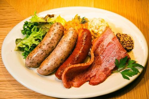 Assortment of 3 kinds of frankfurters and bacon