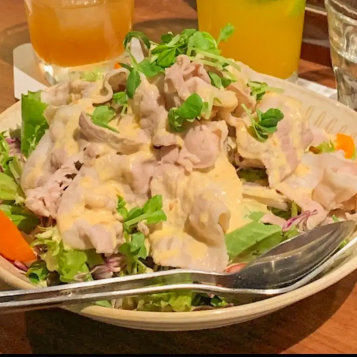 Salad with pork shabu and homemade anchovy dressing