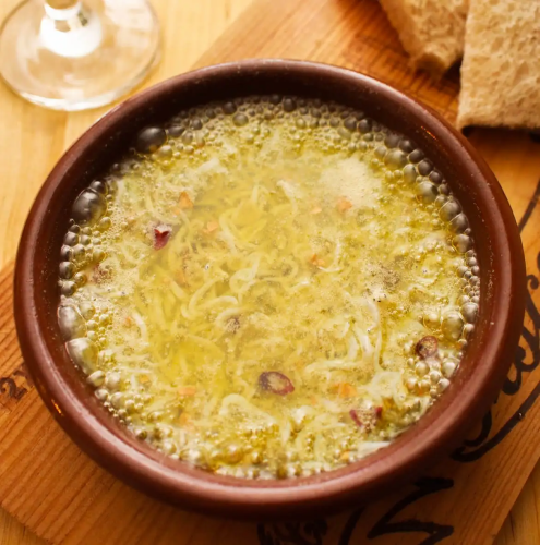 Ajillo with kettle-fried whitebait and Japanese-style soup stock