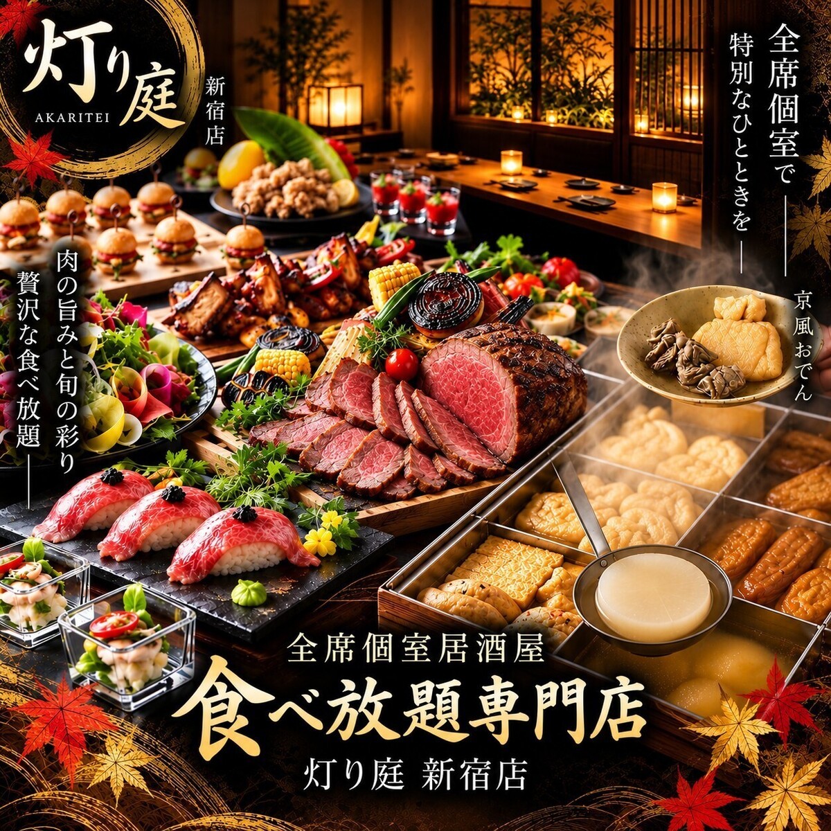 新店開幕！新宿的隱藏瑰寶，擁有完全私密的房間。京都風味關東煮和肉壽司自助餐，3小時無限量暢吃暢飲，3000日元起