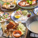 A luxurious course♪ Gout platter, steamed pufferfish and clams in sake, eel and matsutake mushroom tempura, boiled golden-eyed snapper, etc., with 90 minutes of all-you-can-drink.