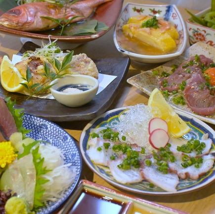 Standard course 5,500 yen (tax included)♪ From sashimi to cherry shrimp with thickened sauce, and even Oita Wagyu beef! Includes 90 minutes of all-you-can-drink