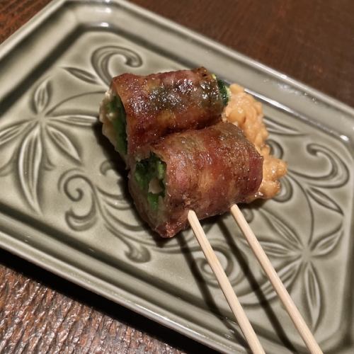 Katsu-negi mochi natto pork skewer
