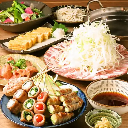 10/1スタート!【全7品】名物!やさい巻き串と豚肉でたっぷりの葱を巻く豚しゃぶ鍋宴会メニュー
