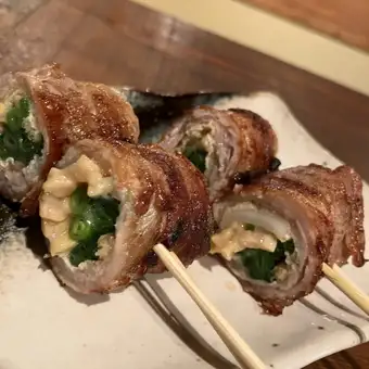 Kitsune mochi natto pork skewers