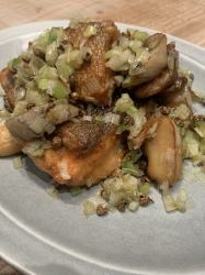 Autumn salmon frit stir-fried with green Japanese pepper