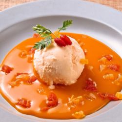 Almond ice cream and cold peach soup